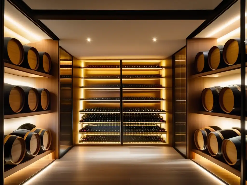 Fermentación controlada en enología: bodega minimalista con elegante diseño, barricas de roble ordenadas, iluminación suave y control de temperatura