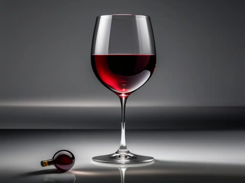 Una copa de vino minimalista, con vino rojo vibrante, simétrica y elegante