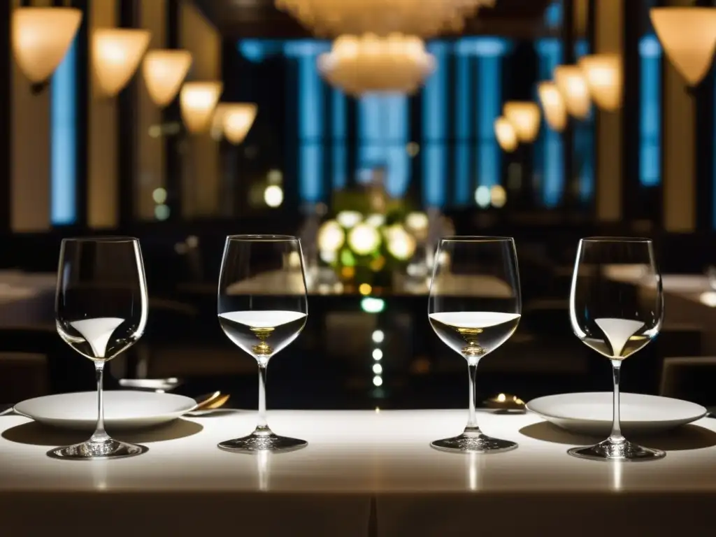 Elegante mesa en restaurante con cristalería refinada Elección de copas en restaurantes Michelin con elegante mesa y cristalería exquisita