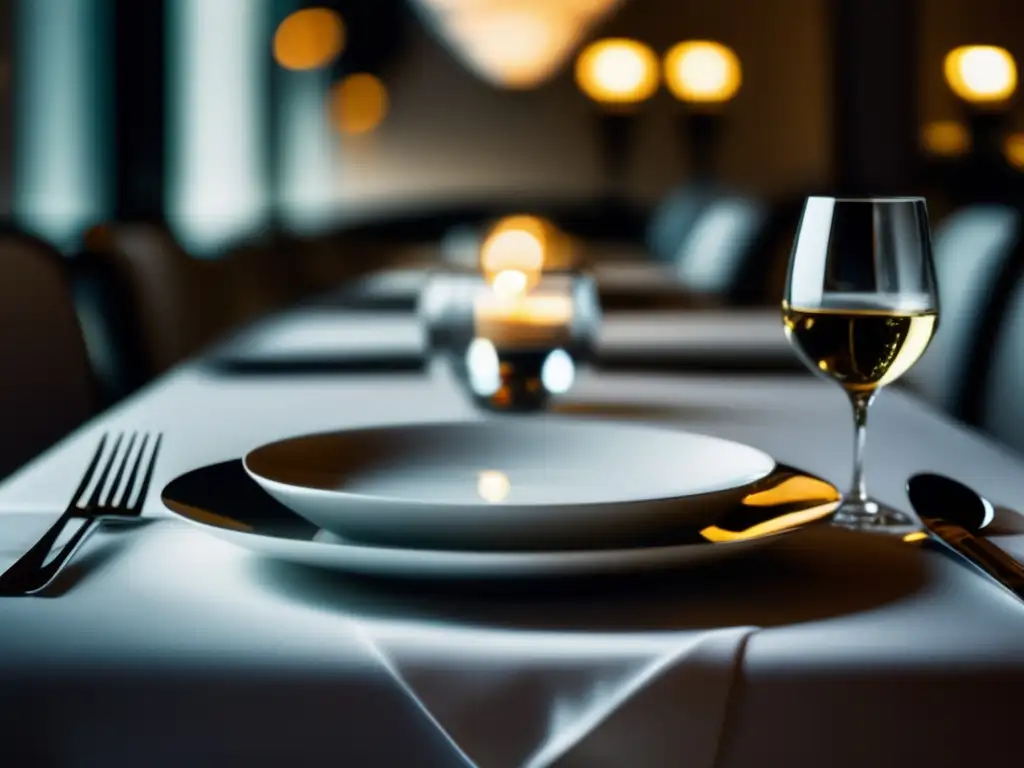 Elegancia en la mesa Elección copas en restaurantes Michelin: Mesa blanca minimalista con copa de vino cristalina, cubiertos y servilleta blancos