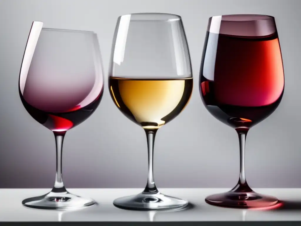 Tres copas de vino con colores distintos: rojo, blanco y rosado