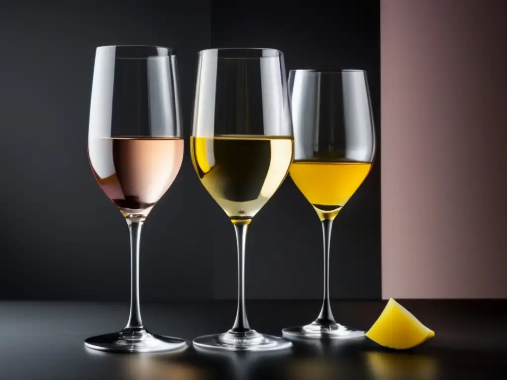 Tres copas de vino elegantes con diferentes variantes de Moscato: Bianco, Giallo y Rosa