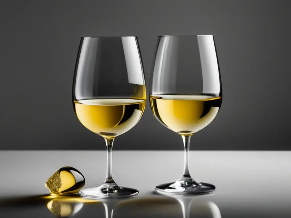 Dos copas de vino Gewürztraminer dorado en superficie blanca