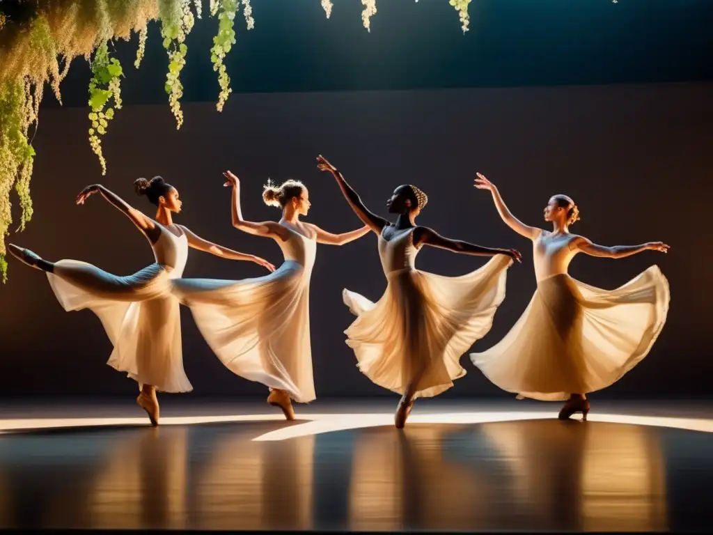 Coreografías de danza del vino: Grupo de bailarines elegantes en movimiento armonioso, con vestuarios fluidos, en un escenario con vides