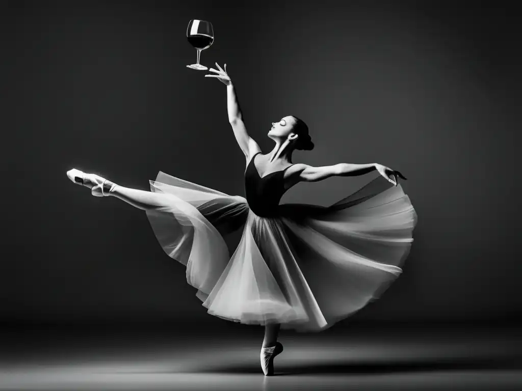 Coreografías de danza del vino: imagen de una bailarina elegante con vestido fluido, sosteniendo delicadamente una copa de vino