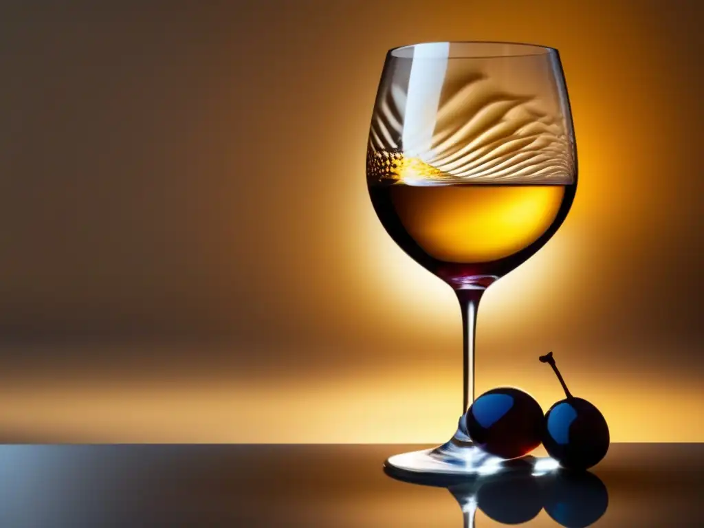 Crianza sobre lías: polémica enológica - Copa de vino minimalista con vino ámbar, luz dorada y uvas en el borde - Elegancia y sofisticación