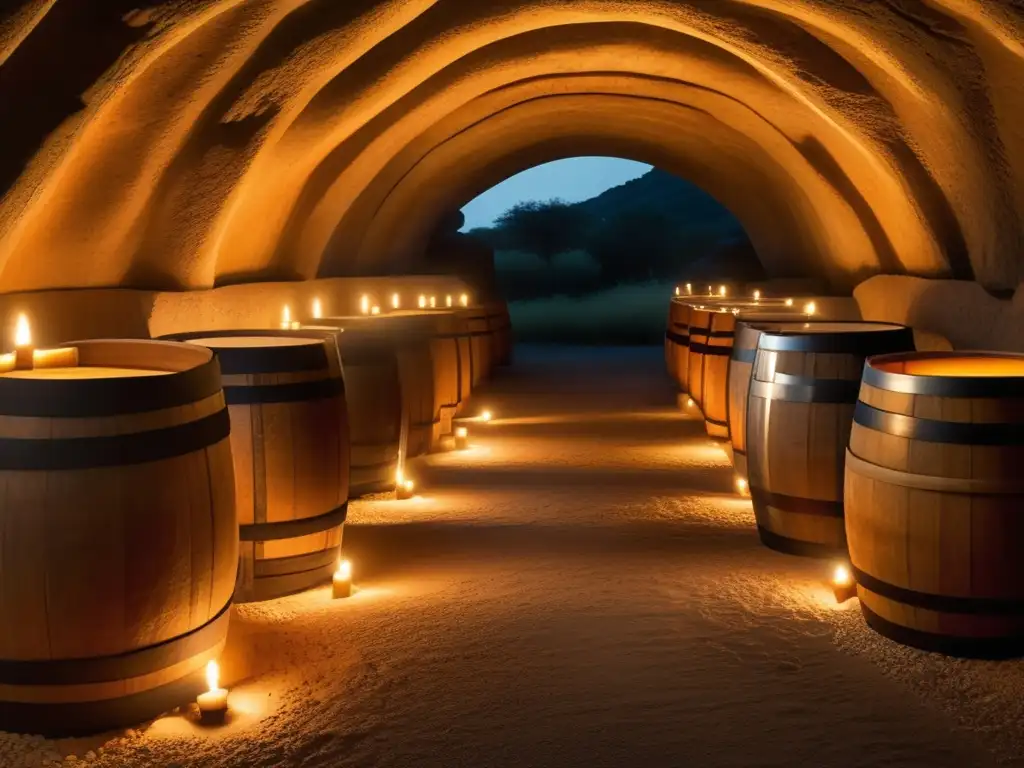 Crianza vinos en cuevas con barriles de roble exquisitamente iluminados