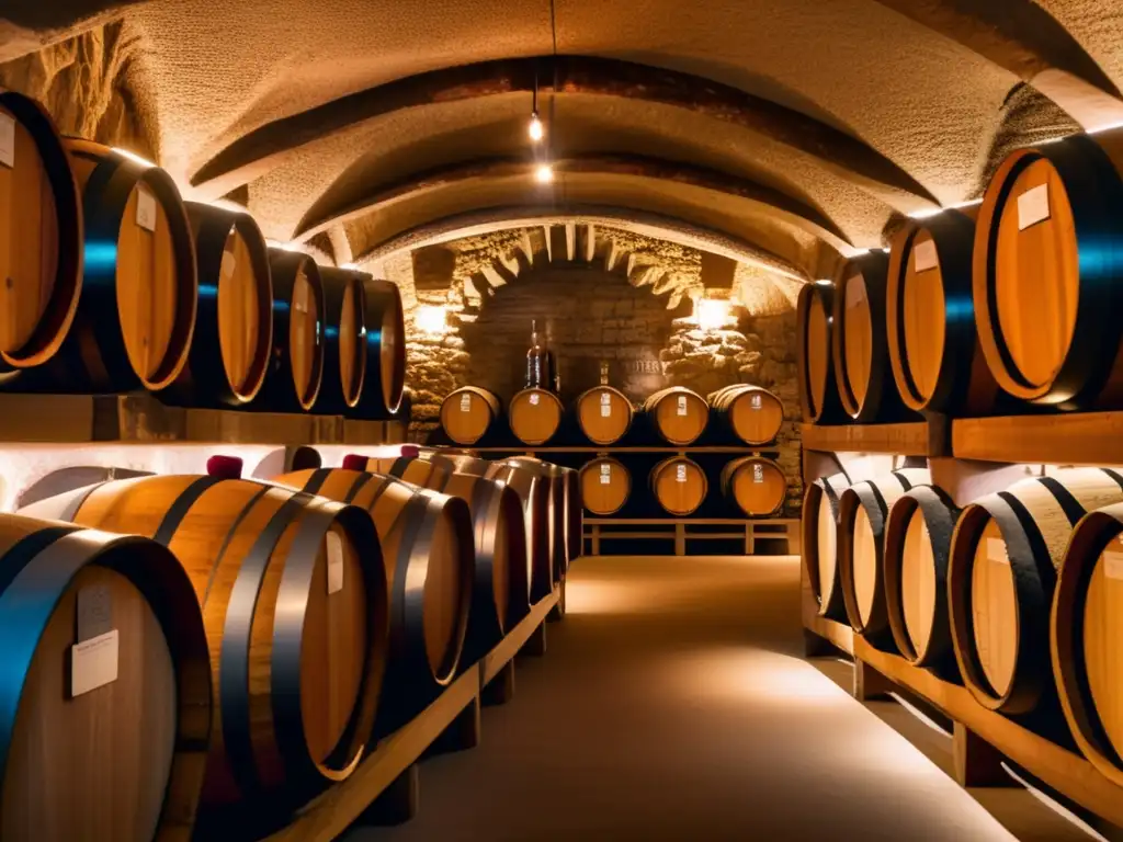 Crianza vinos en cuevas: Bodega subterránea iluminada, barricas de roble etiquetadas, ambiente ideal para la maduración del vino