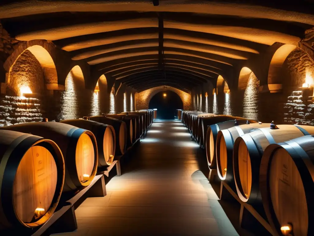 Crianza vinos en cuevas: bodega de barricas de madera oscura en una cueva iluminada, evocando tranquilidad y calidad