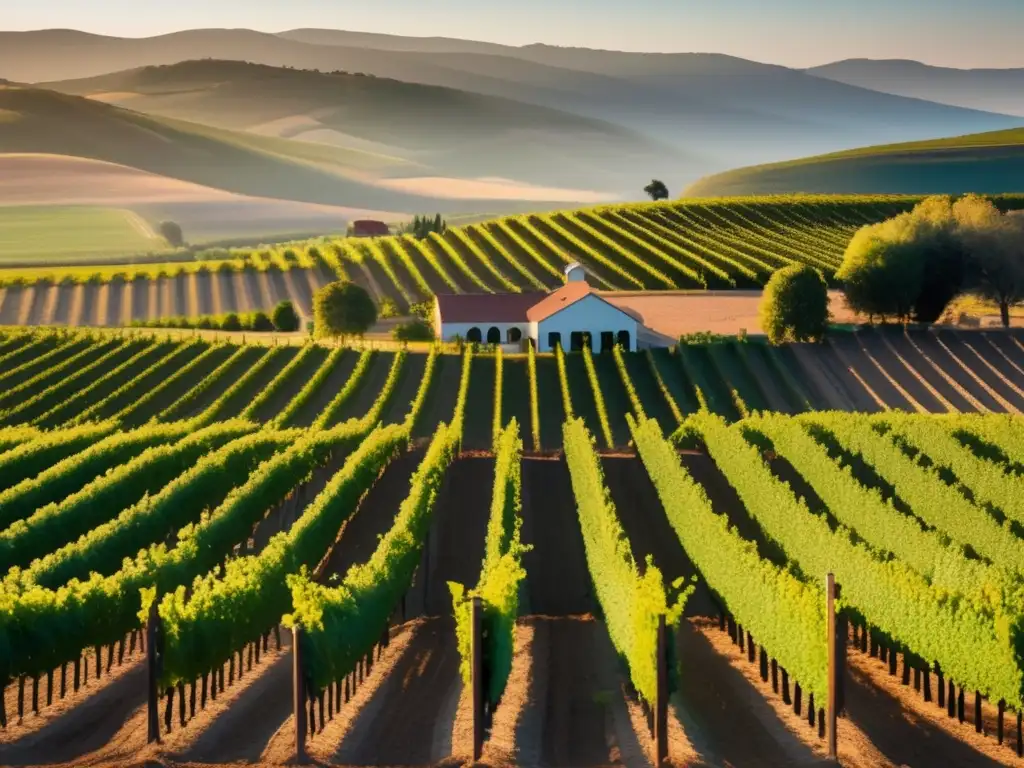 Adaptación vino en crisis: viñedo al atardecer, mágica luz dorada, moderna bodega, naturaleza resiliente