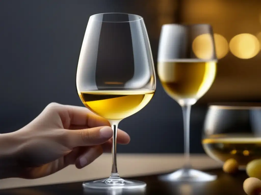 Vino Gewürztraminer, cristal minimalista lleno, aroma exótico