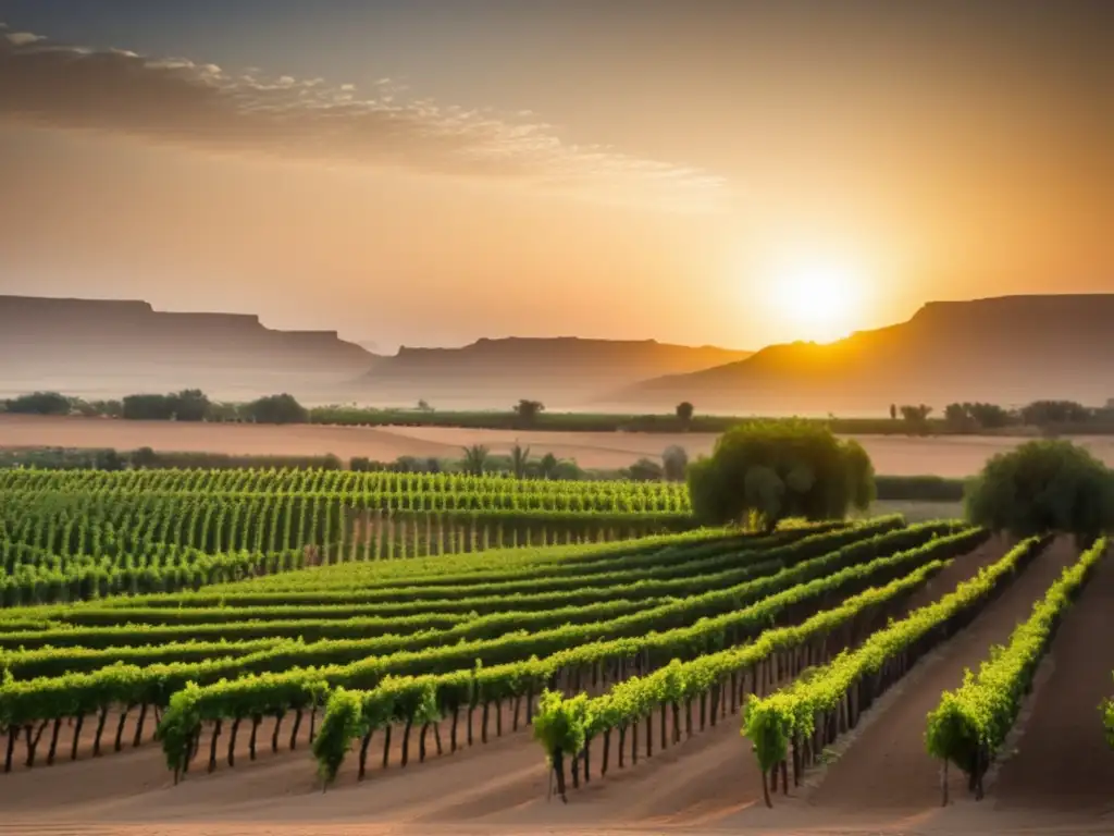 Cultura vitivinícola en Egipto: viñedos serenos, sol dorado y río Nilo reflejando tradiciones y modernidad