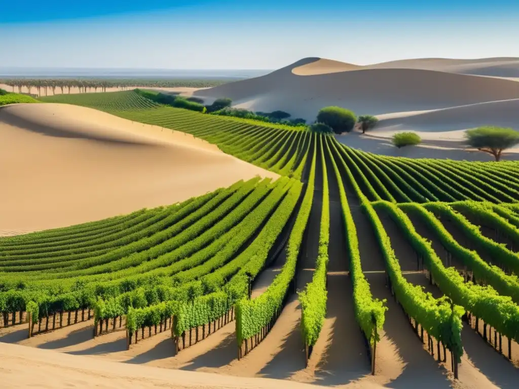 Cultura vitivinícola en Egipto: viñedo minimalista en las dunas doradas y cielo azul, resaltando la armonía entre naturaleza y cultivo