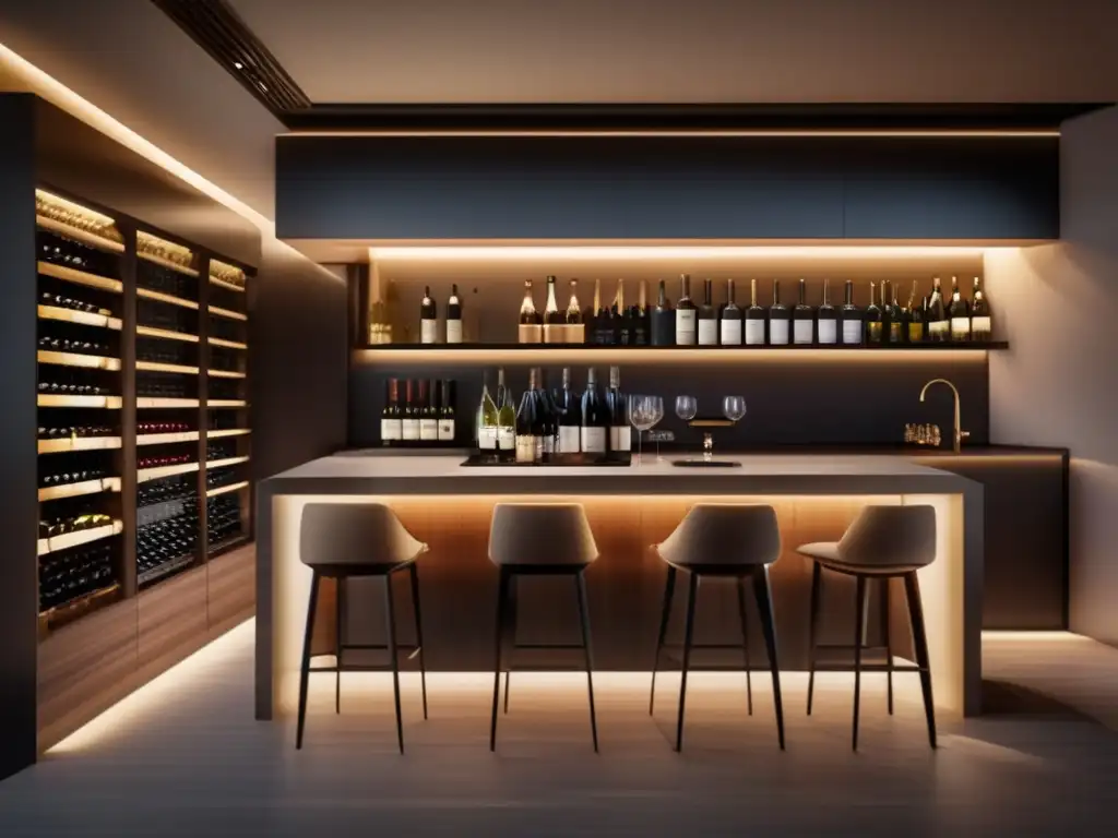 Cultura del vino en Filipinas: Bar minimalista y elegante con una impresionante colección de botellas etiquetadas y decoración sofisticada