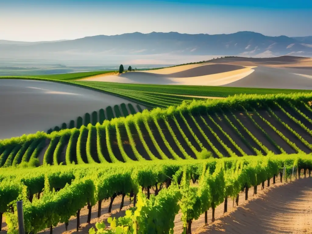 Cava Mundial en el Desierto Israelí, paisaje minimalista de desierto dorado con viñedos verdes