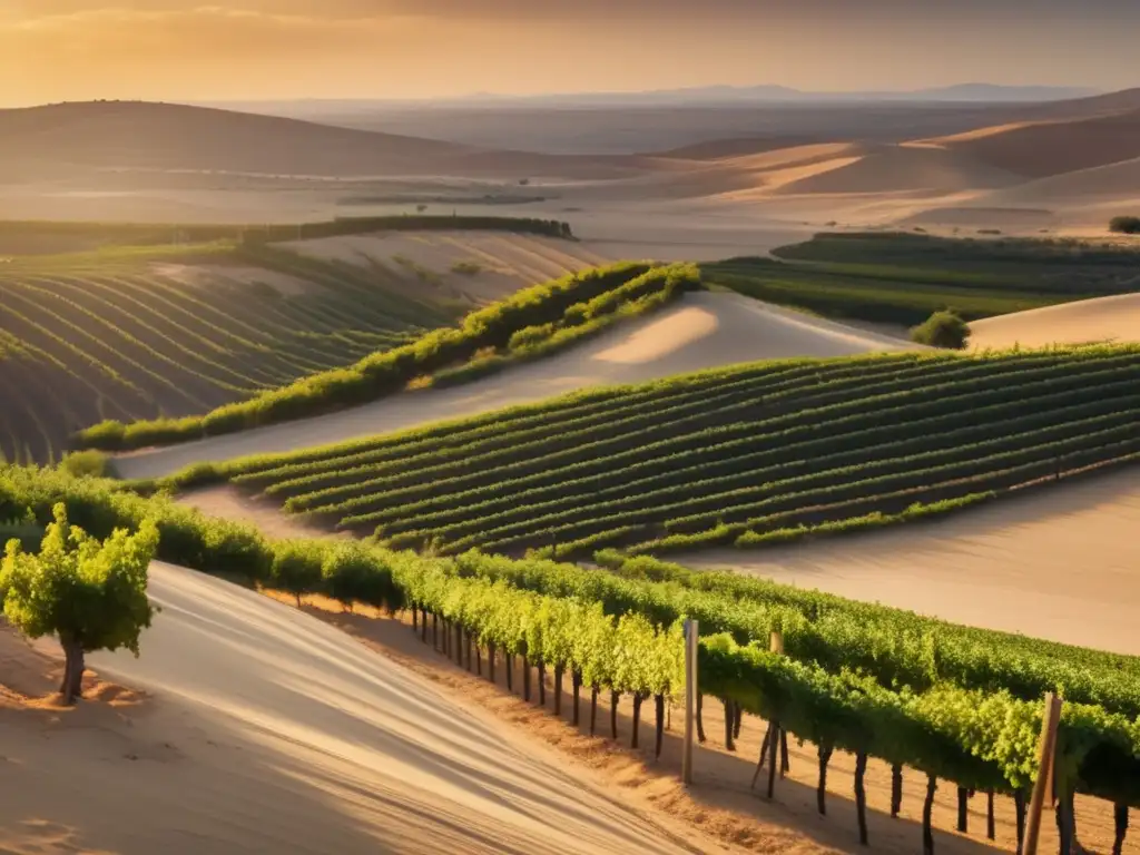 Cava Mundial en el Desierto Israelí: Viñedo sereno entre dunas y uvas maduras bajo el sol dorado