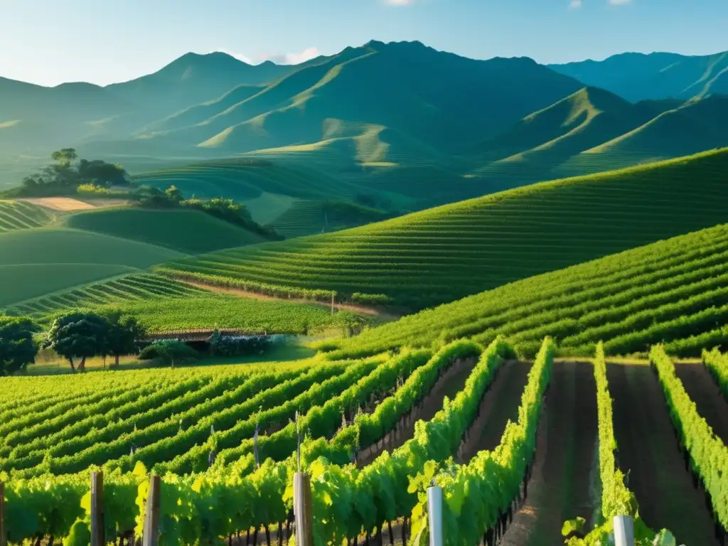 Cultura del vino en Filipinas: Sereno paisaje de viñedos verdes rodeados de montañas, reflejando el legado vitivinícola del país