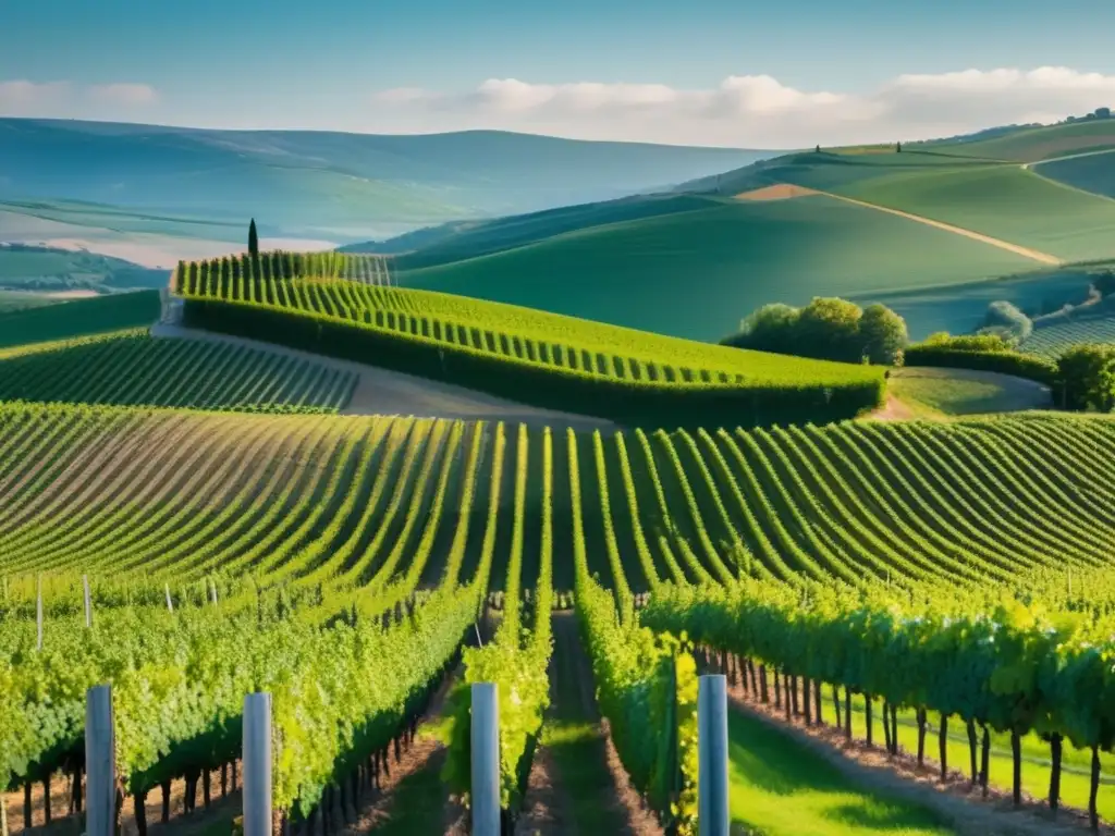 Curso cata vinos Europa: Sereno viñedo verde con uvas en filas, paisaje minimalista, tranquilidad y sofisticación