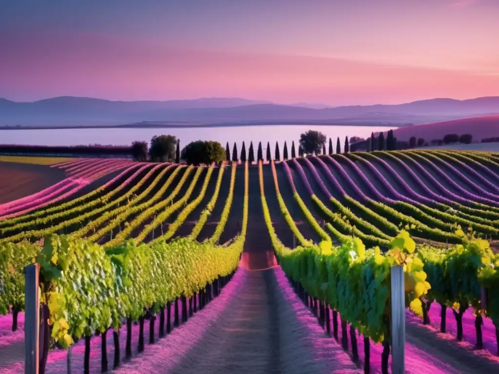 Curso Vino y Cambio Climático: Viñedo al atardecer, uvas, lago y cielo en tonos rosados, naranjas y morados