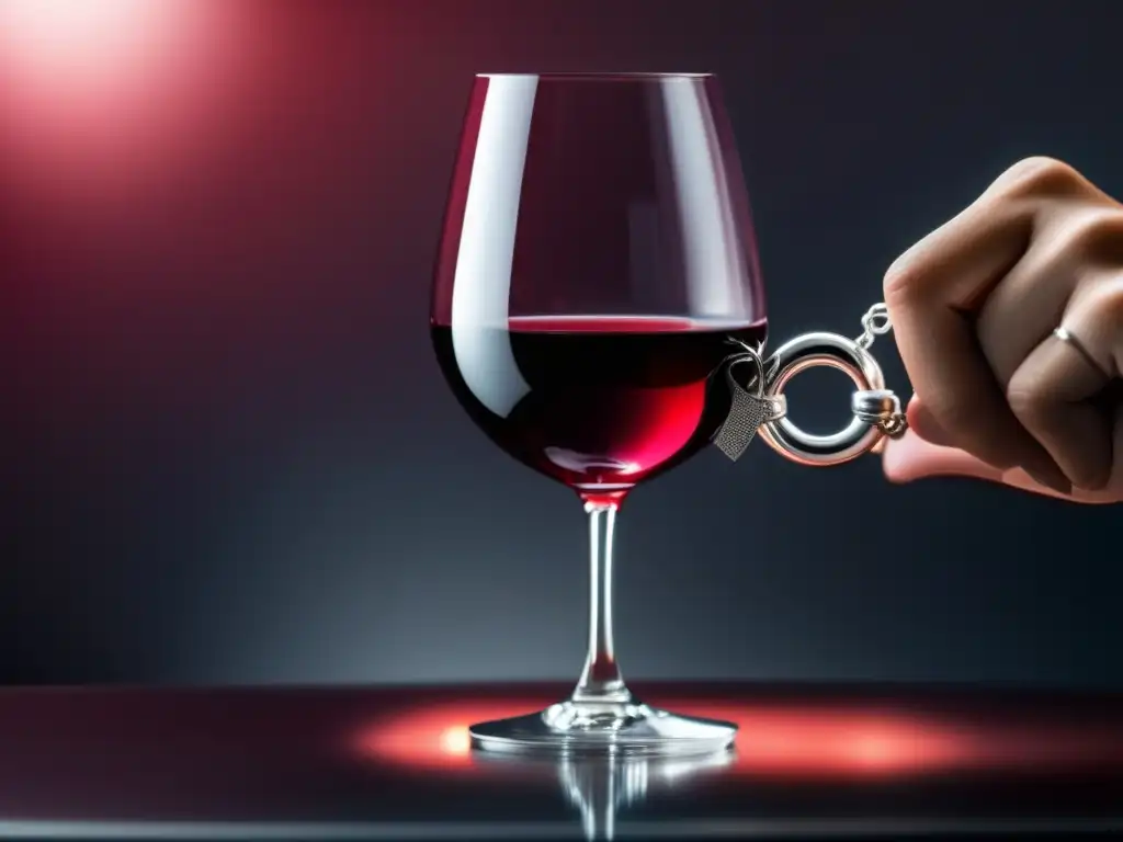Curso de vinos y tapas tradicionales con copa de vino tinto y elegante mano con pulsera reflejando la luz