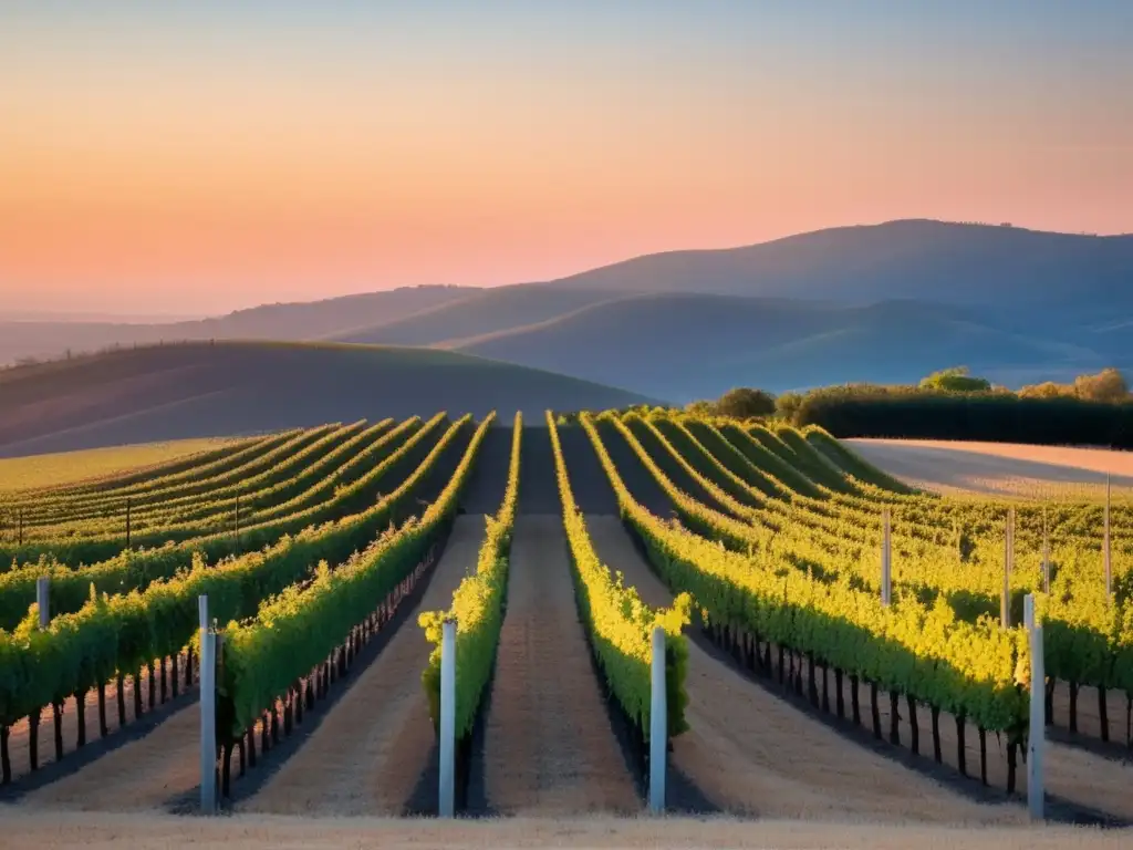 Cursos vino y cambio climático: Viñedo al atardecer, luz dorada pinta paisaje de viñas hacia el horizonte