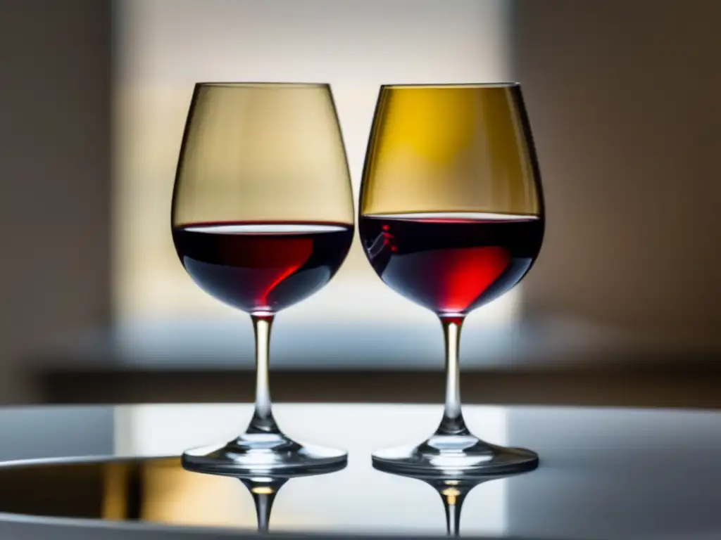 Debate vinos naturales vs convencionales: copa de vino rojo y dorado, contraste y elegancia