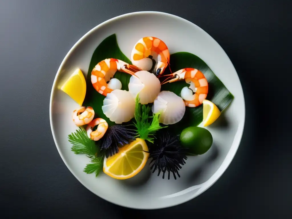 Delicatessen marina con mariscos frescos, cítricos y algas Delicado plato blanco con joyas enológicas Chile maridajes Pacífico