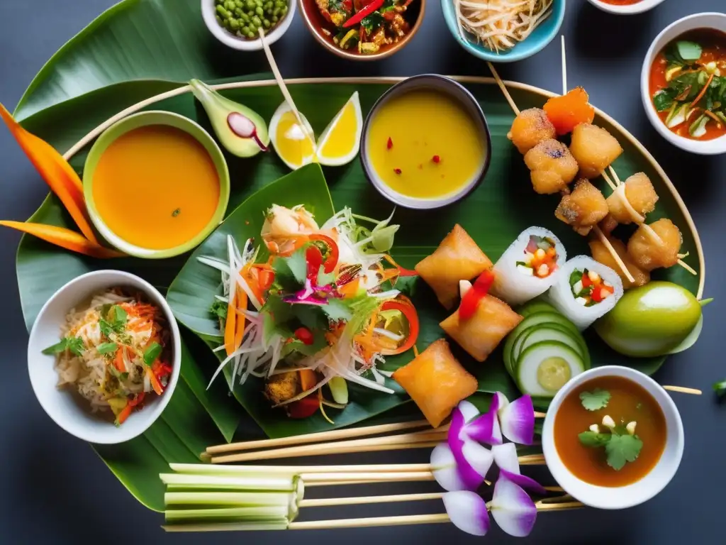 Deliciosos aperitivos del sudeste asiático Platter de delicias del Sudeste Asiático, con sabores explosivos y colores vibrantes