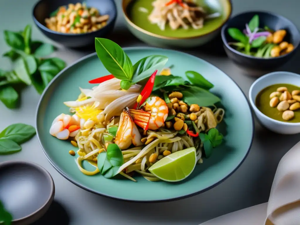 Exquisita selección de platos tailandeses Deliciosa comida tailandesa con curry verde, Pad Thai y ensalada Som Tum