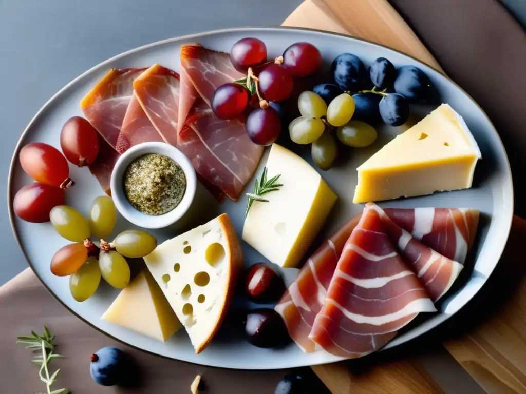 Deliciosa selección de antipasti italianos con embutidos, quesos, uvas rojas y higos frescos