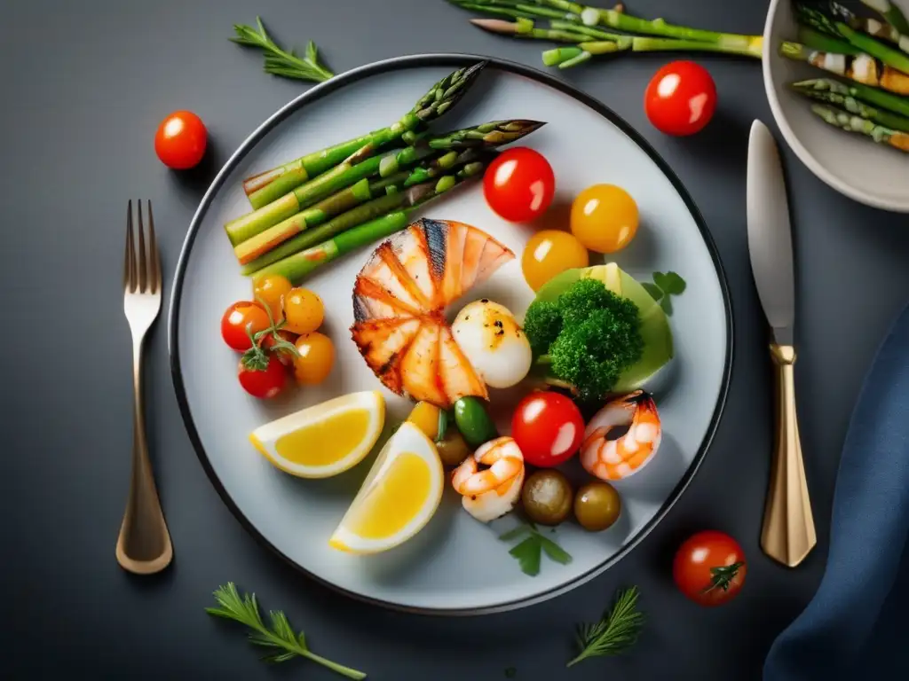 Deliciosa presentación de plato minimalista con mariscos frescos acompañados de verduras asadas