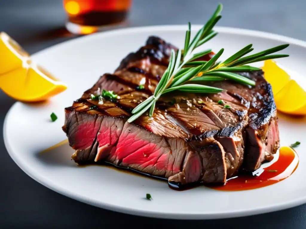 Delicioso Bistec de res medio-raro con jugos y romero fresco, presentado en un plato blanco