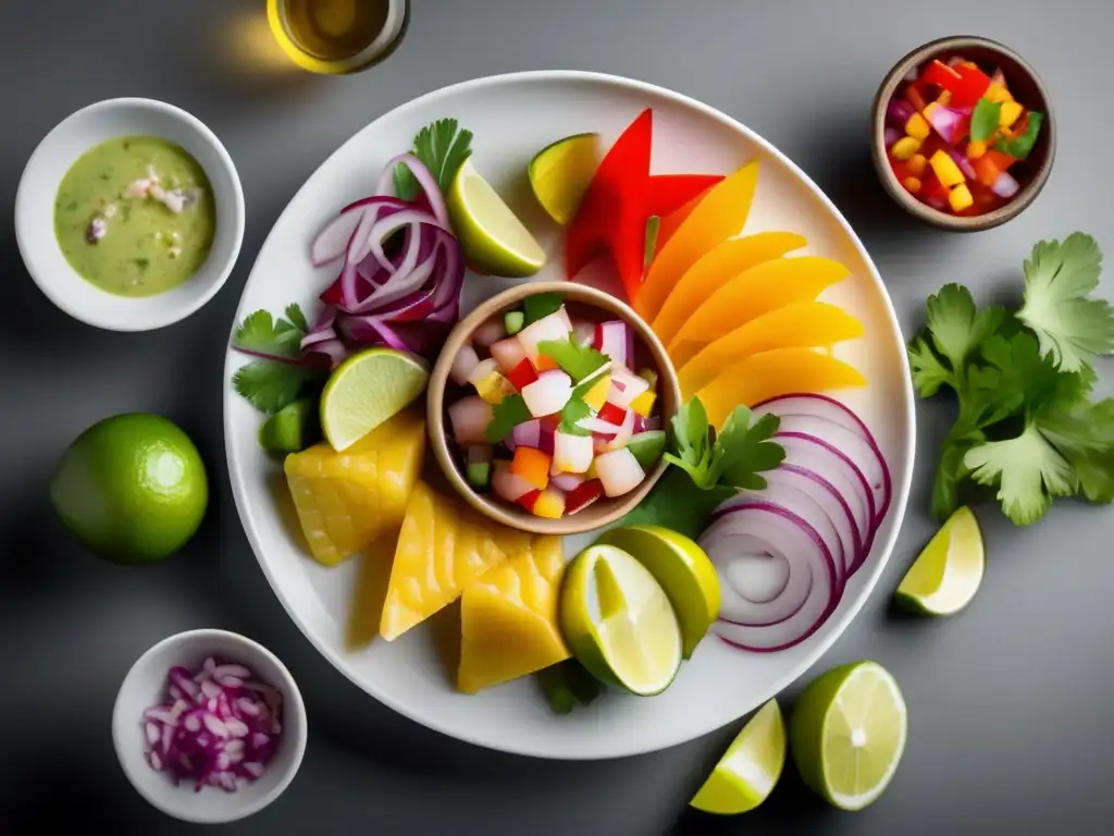 Un delicioso ceviche peruano con maridaje de vinos y presentación elegante