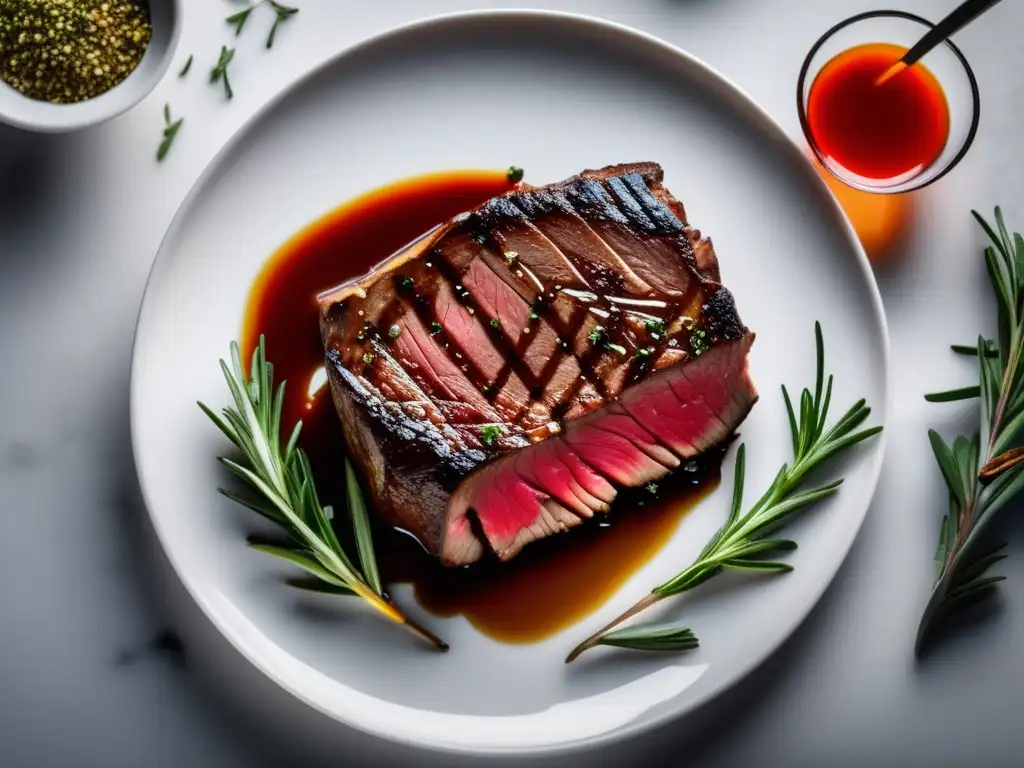 Delicioso filete de carne roja decorado con romero en un plato blanco - Cabernet Sauvignon: historia y características destacadas