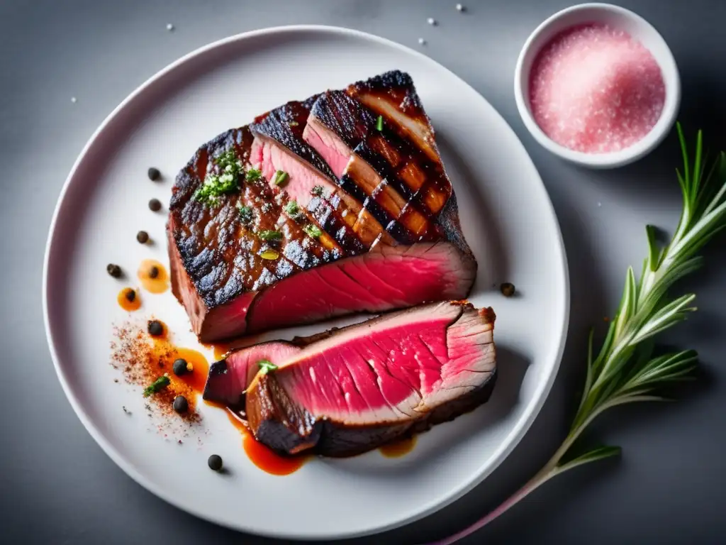 Delicioso filete jugoso con sal y pimienta, perfectamente cocido para resaltar su centro rosado