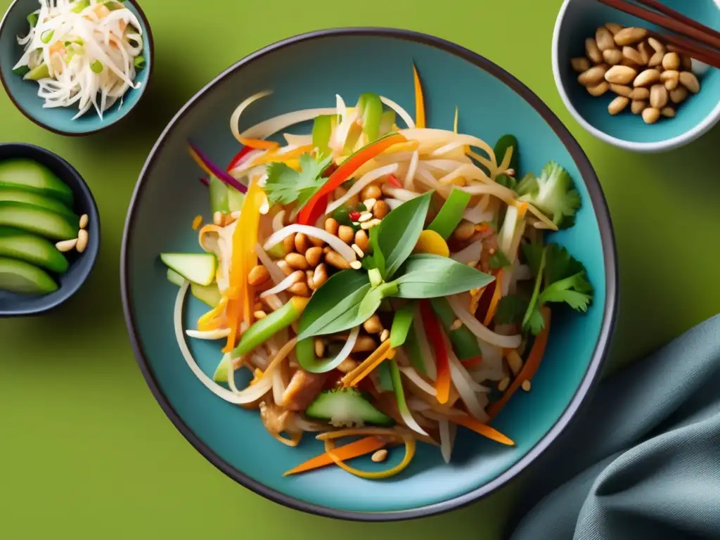 Delicioso Pad Thai con vibrantes colores Delicioso plato de Pad Thai con colores vibrantes y detalles intrincados