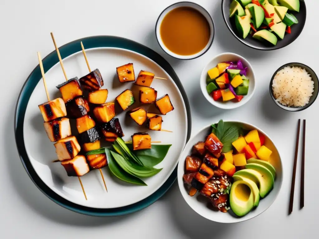 Delicioso plato hawaiano con poke, pollo teriyaki, arroz y piña - Vinos para maridar comida hawaiana