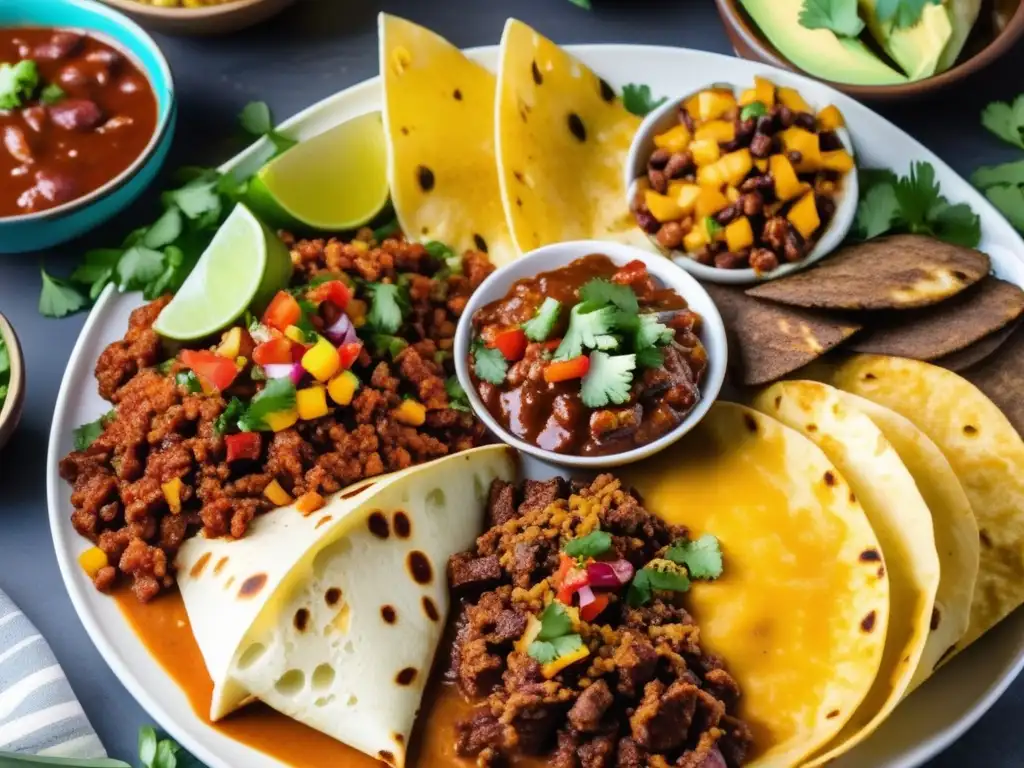 Delicioso TexMex con chili, tacos y quesadillas Delicioso plato TexMex con chili con carne, tacos al pastor, quesadillas y acompañamientos