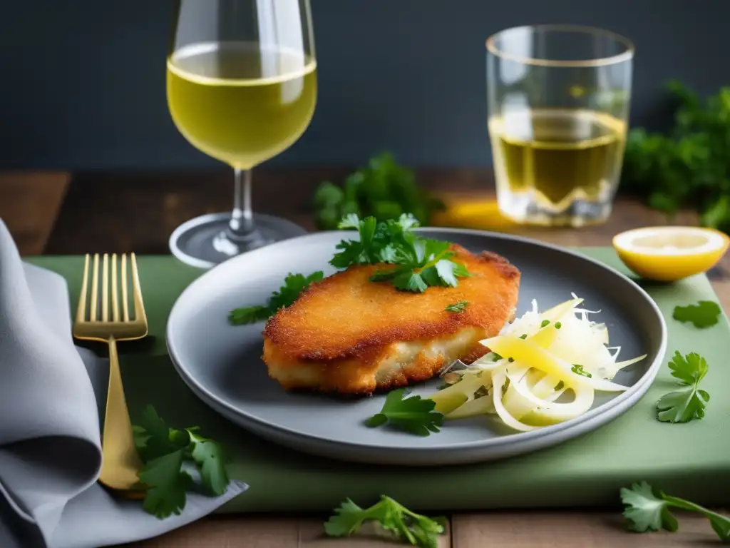 Delicioso schnitzel alemán acompañado de sauerkraut y Riesling, con detalles elegantes y vibrante presentación