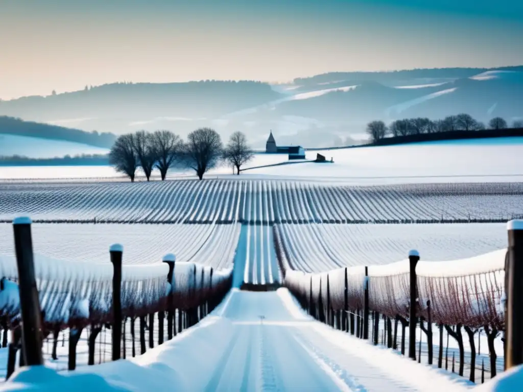 Desafíos de vinificación en climas fríos: paisaje invernal con viñedos nevados y ramas desnudas alcanzando el cielo helado