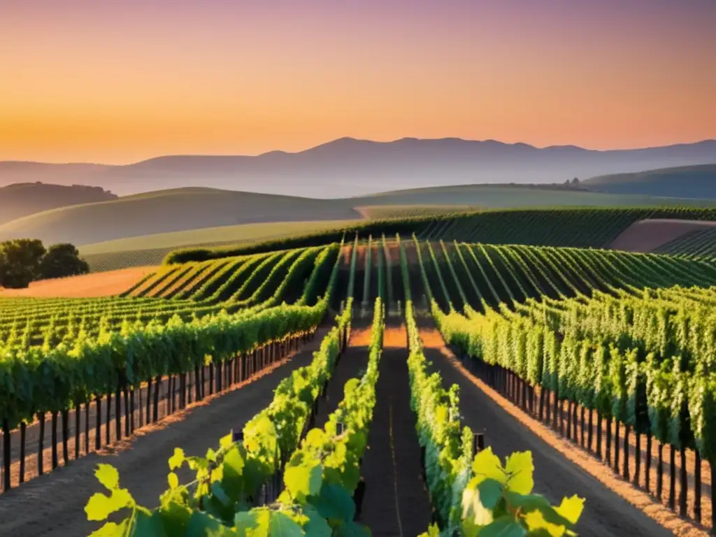 Desafíos de vinificación en mercado del rosado: Viñedo al atardecer con filas de vides verdes y cielo cálido