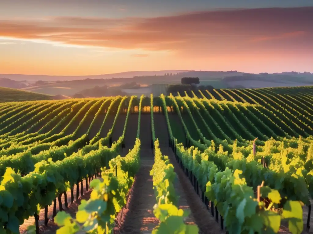 Desafíos en la vinificación del rosado: una imagen de un viñedo pintoresco al atardecer, con uvas rosadas y un paisaje sereno