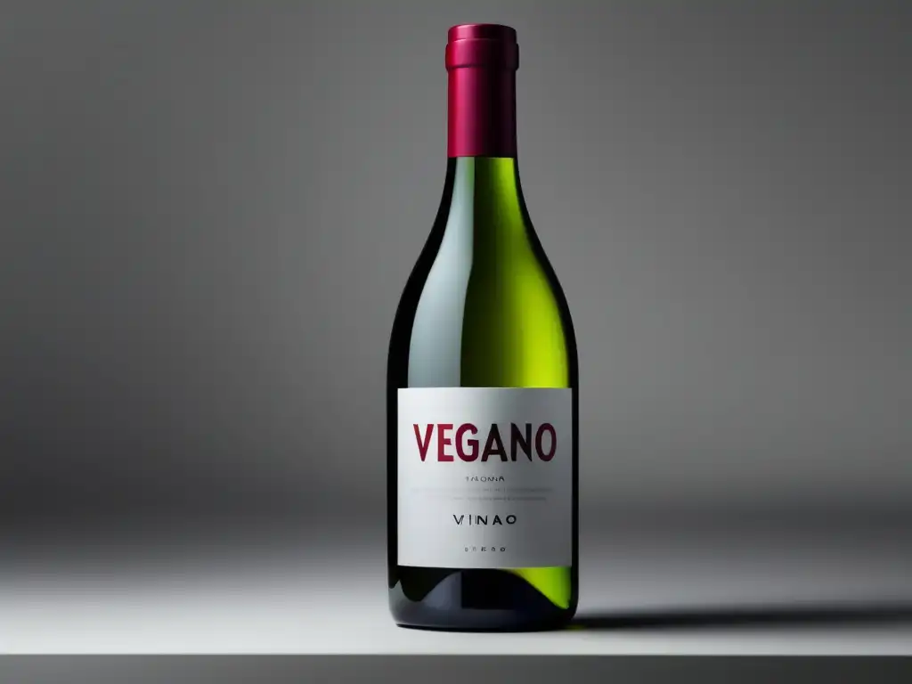 Desafíos producción vinos veganos: Botella minimalista con vino rubí en superficie blanca