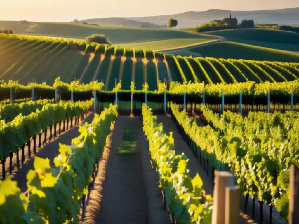 Desafíos producción vinos veganos: Viñedo sereno y armonioso bañado en luz dorada, resaltando la belleza y calidad de los vinos veganos