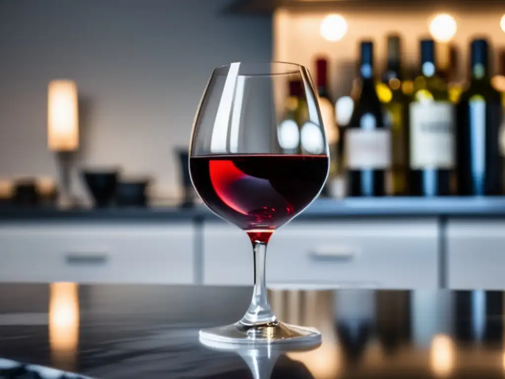 Desarrollo del paladar para vinos - Copa de vino elegante sobre encimera de mármol blanco, con vino rojo profundo y sedoso