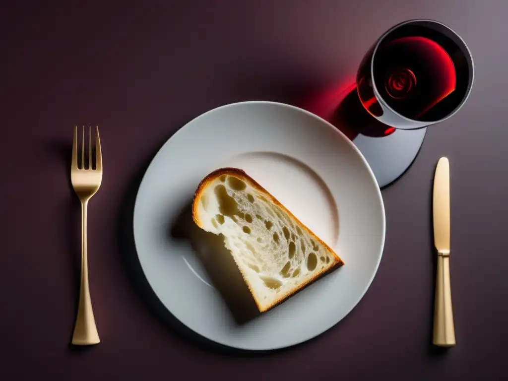 Desayunos con vino elegante - Pan tostado dorado y vino tinto en una elegante composición