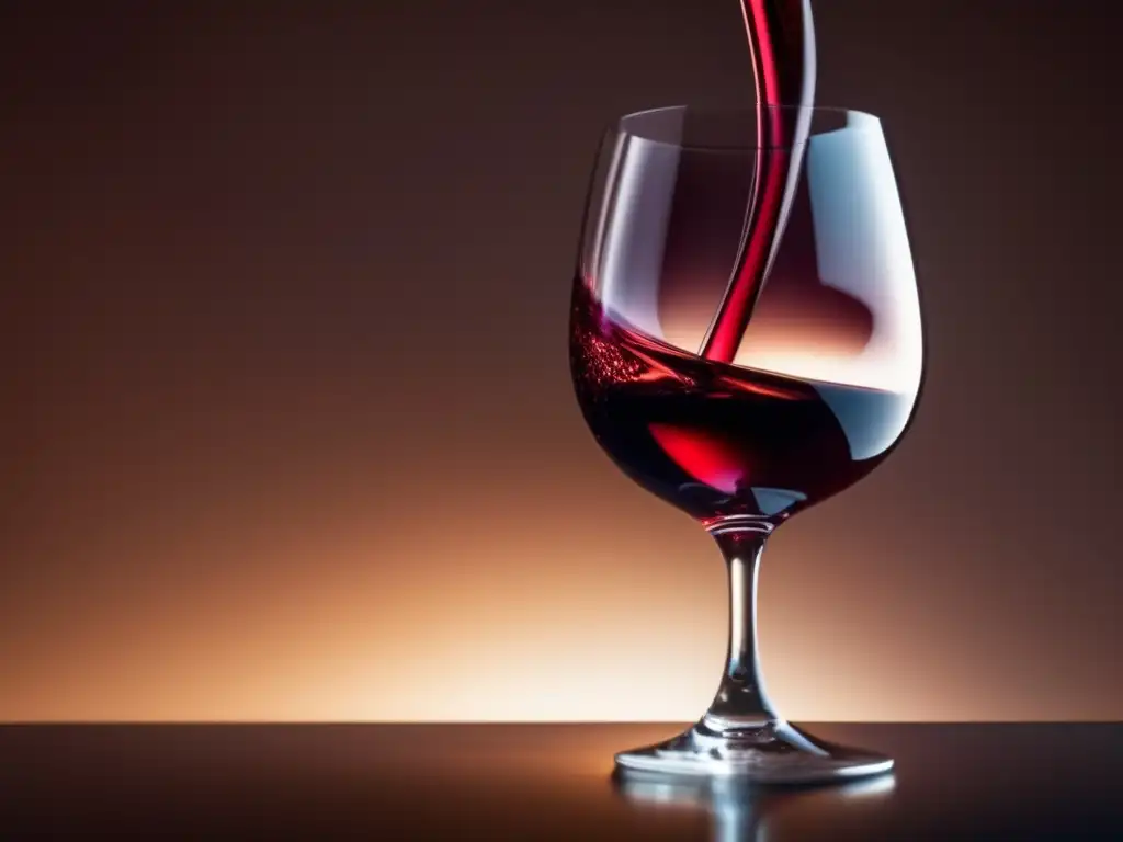 Descripciones sensoriales vino literatura: Copa de vino tinto brillante en mano, con luz cálida filtrada, creando sombras seductoras