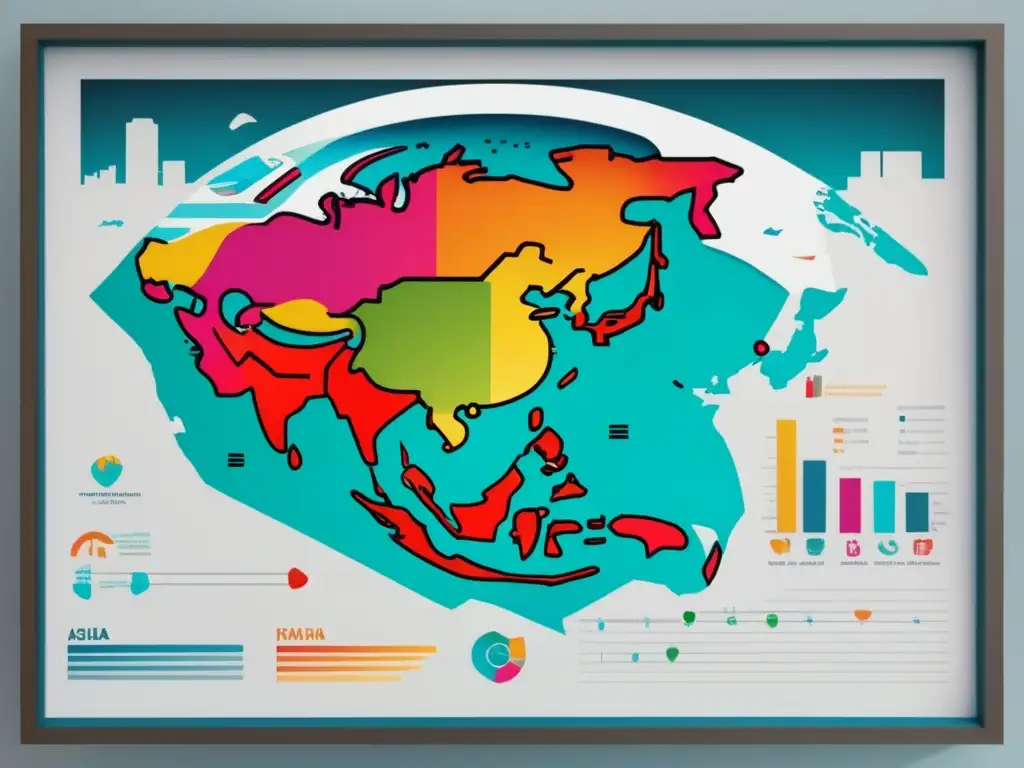 Ilustración detallada del mundo: Asia, América Latina y África resaltan en colores vibrantes, simbolizando mercados emergentes y el vino