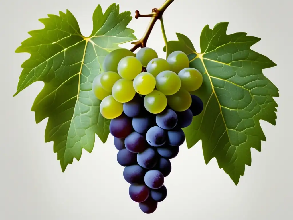 Detalle exquisito de una vid con hojas verdes y racimos de uvas maduras