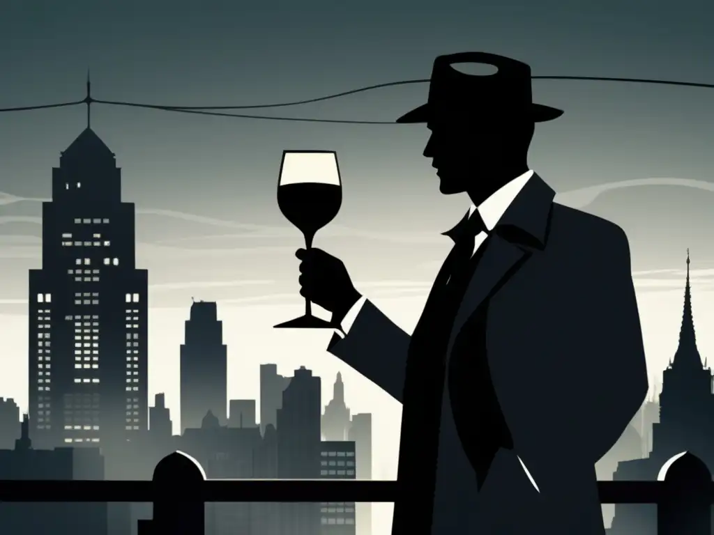 Detective con copa de vino en la ciudad noir